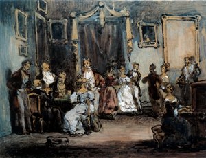 أمسية في لقاء مدام إكس الاجتماعي في صالون سيدة باريسية. لوحة مائية لهنري مونييه (1805-1877) القرن التاسع عشر