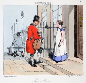 Post Man ، رسم توضيحي من "Londres" بقلم هنري مونير ، الحانة. باريس ، c.1828 (ليثو ملون)