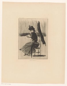 امرأة تحمل كتابًا ومظلة على كرسي بالخارج Petits Croquis 5 (العنوان على الكائن) بواسطة هنري بوتيه