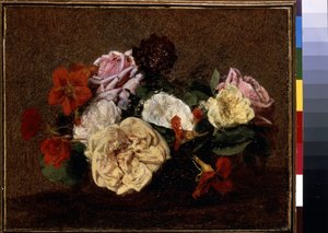 ورود و Nasturtiums في إناء. لوحة هنري فانتين لاتور (فانتين لاتور بواسطة Ignace Henri Jean Fantin Latour