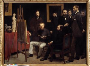 ورشة عمل في Batignolles. من بين الشخصيات الحاضرة: أوتو شولدرر ، إدوارد مانيه (1832-1883) جالسًا في الوسط ، بيير أوغست رينوار (1841-1919) ، زاكاري أسترو (1835-1907) ، إميل زولا (1840-1902) ، إدموند مايتري (1840- 1888) ، فريدريك بازيل بواسطة Ignace Henri Jean Fantin Latour