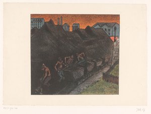 أربعة عمال مناجم يجرفون الفحم في عربات أو بارك دي شاربون عروض من Théâtre Libre (عنوان المسلسل) Les Programs du Théâtre Libre (عنوان المسلسل) بواسطة هنري غابرييل ابلز