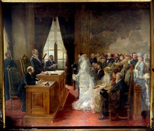 تم الزواج المدني لماثورين مورو في قاعة مدينة باريس عام 1881. رسم هنري جيرفكس (1852-1929) بواسطة هنري جيرفيكس