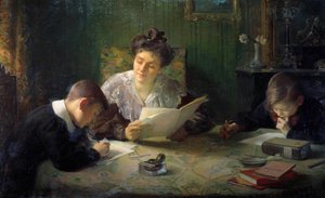 الواجب المنزلي الأم تساعد الأطفال في أداء واجباتهم المدرسية. رسم هنري جاميت (1858-1940) القرن العشرين في أورليانز ، متحف الفنون الجميلة بواسطة هنري جاميت