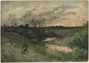 Dawn— Hunter with Dog بواسطة هنري جوزيف هاربينييس