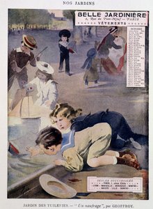 أطفال يلعبون القوارب في حديقة التويلري بواسطة جان جوفروي (1853-1924) ، تقويم "" بيل جاردينير "، سلسلة" Nos Jardins "" ، أكتوبر ، بدون تاريخ. الإصدار 1900.