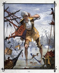 Lemuel Gulliver في وسط معركة بحرية بين سفينتي Lilliput و Blefuscu. رسم توضيحي لـ "" رحلات جاليفر "" بقلم جوناثان سويفت (1667-1745)