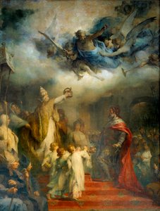 Pope Leon III crowns Charlemagne emperor of the West at St. Peter of Rome in the year eight hundred on Christmas day. Painting by Henry Leopold Levy (1840-1904)