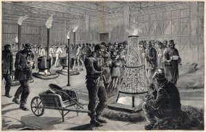 الملجأ الليلي لقصر الفنون الحرة في الشانزليز دي مارس في عام 1891 - رسم هنري ماير ، نقش بواسطة نافيلييه في "مجلة لو جورنال لامعة" "عام 1891 بواسطة هنري ماير