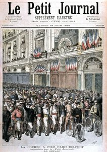 بداية الحشد المشارك في سباق باريس - بلفور الذي نظمته مجلة PetitJournal - في "Le petit journal" "" بتاريخ 18/06/1892. بواسطة هنري ماير