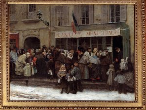 مقصف البلدية أثناء حصار باريس عام 1870 صخب الباريسيون أمام مقصف بلدي في وقت حصار البروسيين للمدينة. لوحة هنري بيل (1844-1897) بواسطة هنري بيل