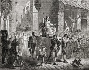 موكب إلهة العقل ، 10 نوفمبر 1793 ، من "تاريخ الثورة الفرنسية" بواسطة لويس بلانك (1811-1882) منقوش بواسطة ماير هاين ، 1847-1862 بواسطة هنري رينو