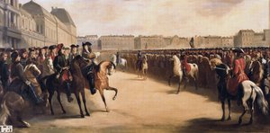 القيصر بطرس الأول الأكبر لروسيا (1672-1725) برفقة الوصي فيليب الثاني دوق أورليانز (1674-1723) أثناء زيارته لفرنسا يستعرض القوات الخيالة في التويلري (باريس) في 16/06/1717 بواسطة هنري سرور