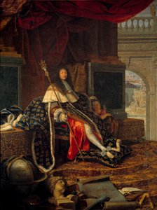 صورة لويس الرابع عشر (1638 - 1715) ملك فرنسا ، حامي الأكاديمية الملكية للرسم والنحت ، مع صولجان شارل الخامس ديت دي شارلمان. لوحة هنري تستلين (1616-1695)