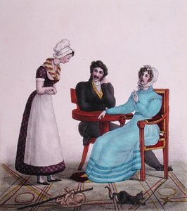 "وفوق كل شيء ، كن جيدًا!" ، رسم كاريكاتوري لزوجين يتحدثان إلى خادمتهما قبل أن تغادر ، حوالي 1820-30 (لون ليثو) بواسطة هنري فيلان