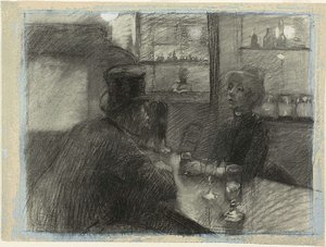 بار مقهى شارع روما، حوالي عام 1886 (فحم وطباشير أبيض على ورق منسوج أزرق)