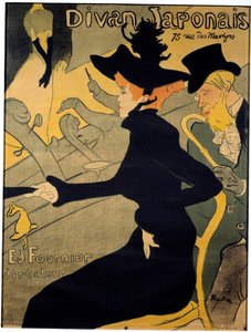 Poster for the Parisian cabaret “” The Japanese couch”” depicting the dancer Jane Avril (1868-1943) and the dancer. writer Edouard Dujardin (1861-1949) watching singer Yvette Guilbert (1867-1944) performing on stage - Lithography by Henri de Toulouse-Lautr بواسطة هنري دي تولوز لوتريك
