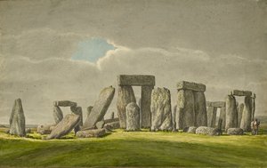 ستونهنج من الجنوب الشرقي ، تظهر الحجارة في حالة مدمرة مع زائرين اثنين ، 1824-1839 بواسطة هنري براون