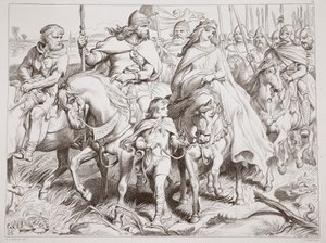 حراس Hereward Alftruda إلى مكان آمن ، التوضيح من Hereward the Great بواسطة Charles Kingsley ، حانة. عام 1870 ، نقشها سي جي لويس (نقش ألواح الصلب) بواسطة هنري كورتني سيلوس