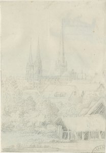 كاتدرائية ليتشفيلد - المنظر الجنوبي الغربي: الرسم بالقلم الرصاص ، بدون تاريخ [؟ 1788-1855] (رسم) بواسطة هنري كرزون ألبورت