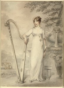 صورة بالحجم الكامل لـ "Miss V. Dupuis" وهي تسند ذراعها على قيثارة. في الخلفية نافورة ومنظر طبيعي به غزال بواسطة هنري إدريدج