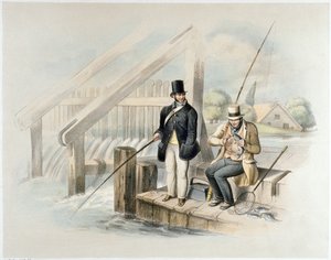 صيد سمك السلمون المرقط ، Beddington Park ، من مجموعة من ست صور لـ "Angling" (ليثو ملونة يدويًا)