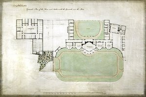 Brighthelmstone ، أو Brighton Pavilion - مخطط عام للمنزل والإسطبلات مع أسس ، تُظهر امتدادًا للمهندس المعماري Henry Holland (1745-1806) ، c.1801 (ألوان مائية على ورق) بواسطة هنري هولاند