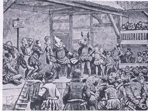 حلم ليالي منتصف الصيف كما تم أداؤه في مسرح إليزابيثي ، من Cassells History of the British People نشرته شركة Waverley Book Company ، عام 1950 بواسطة هنري ماريوت باجيت