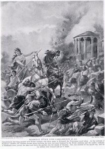 هجوم Boadicea على Camulodunum ، توضيح من `` تاريخ الأمم في Hutchinson &39;&39; ، ج .1910 بواسطة هنري باين