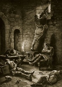 هروب رالف فلامبارد من البرج ، رسم توضيحي من "قصة هتشنسون للأمة البريطانية" ، ص 1920. بواسطة هنري باين