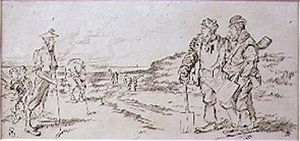 رجال الطريق منزعجون من لاعبي الجولف ، رسم توضيحي من مجلة "جرافيك" ، حانة. ج 1870 (ليثو)