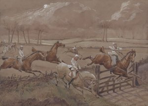 الحقل الأخير بالقرب من Nacton Heath ، اللوحة 3 ، من The First Steeple Chase on Record ، محفورة بواسطة J. Harris ، طبعها أكرمان ، لندن عام 1839 (ألوان مائية) بواسطة هنري توماس الكين