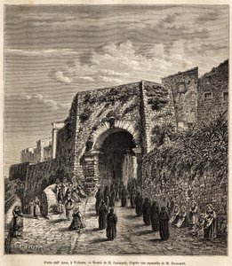 موكب ديني في بورتا ديلاركو ، في فولتيرا (توسكانا ، إيطاليا). نقش بعد رسم إتش كاتيناتشي ، لتوضيح الرحلة إلى توسكانا وأومبريا ، بقلم فرانسيس وي ، في عام 1875 ، نُشر في "" Le Tour du monde "" "1876 ، من تحرير إدوارد شارتو بواسطة هرقل (بعد) كاتيناتشي