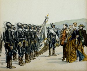 جان ألبرت أو جوان الثالثة من ألبريت (1528-1572) وابنها هنري الرابع (1553-1610) قبل قواتها البروتستانتية. رسم إيضاحي لهيرمان فوجل (1856-1918) في "" هنري الرابع " بواسطة هيرمان فوجل