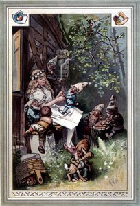 Kinder und hausmarchen (قصة الطفولة والمنزل) (1812): خرافات الأخوين جريم. غلاف هيرمان فوغل 1894 يصور بياض الثلج والأقزام السبعة.