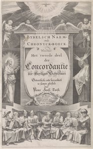 صفحة العنوان لـ "Bijbelsch Naem- en Chronijckboek" ، ١٦٣٢ الاسم التوراتي وكتاب وقائع الأحداث (العنوان على الكائن)