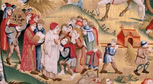 نسيج فلمنكي. سلسلة أربعة منسوجات بعد هيرونيموس بوش. محن الحياة البشرية (Tribulaciones de la vida humana). النسيج الثالث في السلسلة. نموذج مستوحى من عمل هيرونيموس بوش. ورشة تصنيع غير معروفة ، بروكسل. قبل عام 1560 بواسطة هيرونيموس (بعد) بوش