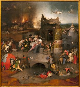 ثلاثية الإغراءات - الجزء المركزي: إغراء القديس أنطونيوس الكبير (أو القديس أنتوني الناسك أو القديس أنطونيوس الأب. رسم هيرونيموس فان أيكن (أكين) من خلال جيروم بوش (1450-1516) ، زيت على خشب ، حوالي 1500 ( ثلاثية من إغراء بواسطة هيرونيموس بوش