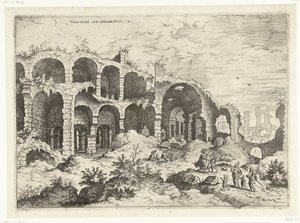 المنظر الثالث للكولوسيوم في روما Colossæi إلى التنقيب مقابل (العنوان على الكائن) الآثار الرومانية (عنوان السلسلة) بواسطة هيرونيموس كوك