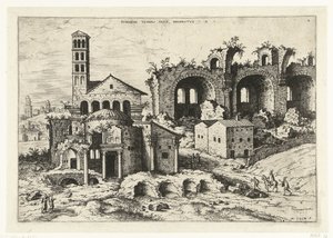 منظر لمعبد رومولوس وكنيسة قسنطينة Rvinarvm Templi Pacis (...) (العنوان على الكائن) الآثار الرومانية (عنوان السلسلة) بواسطة هيرونيموس كوك