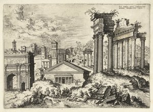 منظر للمنتدى الروماني من مبنى الكابيتول المتغيرات السابقة ، apvd capitolvm rvinis (...) (العنوان على الكائن) الآثار الرومانية (عنوان السلسلة) بواسطة هيرونيموس كوك