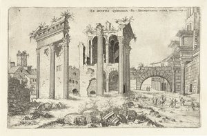 Gezicht op het Forum van Nerva Ex incertis qvibvsdam Ro Antiqvitatis Rvinis (...) (العنوان على الكائن) الآثار الرومانية (عنوان المسلسل) بواسطة هيرونيموس كوك