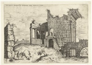 Tweede gezicht op het Forum Nerva Ex incertis qvibvsdam Ro Antiqvitatis rvinis (...) (العنوان على الكائن) الآثار الرومانية (عنوان المسلسل) بواسطة هيرونيموس كوك