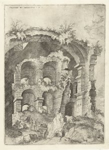 المنظر السابع للكولوسيوم في روما Colossæi إلى التنقيب مقابل 7 (العنوان على الكائن) الآثار الرومانية (عنوان السلسلة) بواسطة هيرونيموس كوك