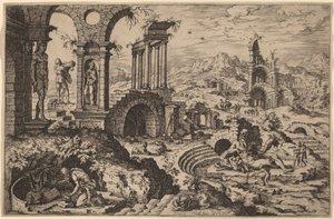 القديس جيروم في منظر طبيعي به أطلال بواسطة هيرونيموس كوك بعد Maerten van Heemskerck
