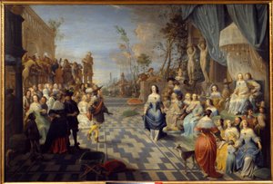 كرة على شرفة قصر ، كانت تُسمى سابقًا بالكرة في ملعب دون جوان النمساوي رسم بواسطة Hieronymus Janssens dit le Dancer (1624-1693) (ec.flam.) 1658 Sun. 1،14x1،7m ليل ، متحف الفنون الجميلة