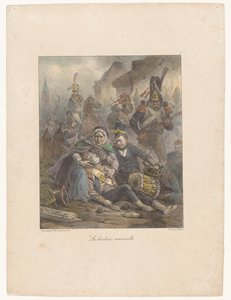 الأم حزينة على ابنها المصاب بجروح قاتلة في ساحة المعركة La douleur maternelle (العنوان على الكائن) اسكتشات ليثوغرافية (عنوان السلسلة) مطبوعات كروكيز الحجرية (عنوان السلسلة)