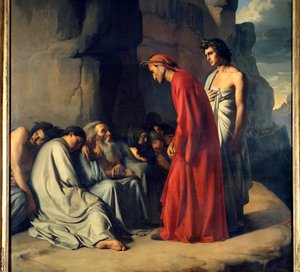 يقدم دانتي وفيرجيل إلى الجحيم أو دانتي بقيادة فيرجيل العزاء لأرواح الرسم التوضيحي الحسود لجحيم الكوميديا الإلهية (Divina Comedia) بواسطة دانتي أزليغييري (1265-1321) اللوحة بواسطة هيبوليث فلاندرين (1809-1864) القرن التاسع عشر خافت . 2