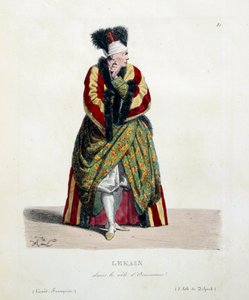 دعا الممثل الفرنسي هنري لويس كاين Lekain أو Le Kain (1729-1778) في دور Orosmane في مسرحية فولتير زائير (1694-1746) في الكوميديا الفرنسية. الطباعة الحجرية بواسطة Hippolyte Lecomte (1781-1857) مجموعة خاصة من القرن التاسع عشر بواسطة هيبوليت ليكومت