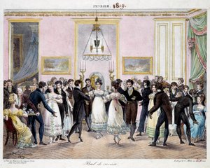 Societe ball في باريس في متجر الطباشير كونتي ، Place du palais royal في فبراير 1819 ، الطباعة الحجرية بواسطة Hippolyte Lecomte (1781-1857) 1819. باريس ، متحف كارنافالي بواسطة هيبوليت ليكومت